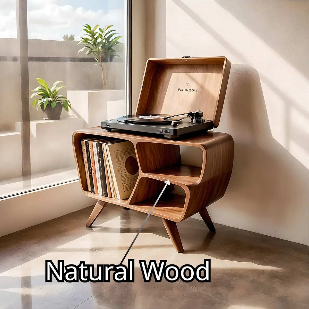 Mid-Century Organic Soft Wave Vinyl Stand, Wooden Record Player Storage