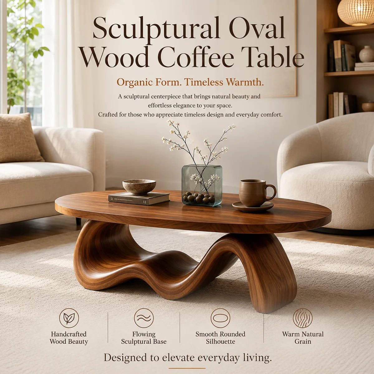 Handcrafted Solid Wood Oval Coffee Table with Sculptural Wave Base TT006-2220
