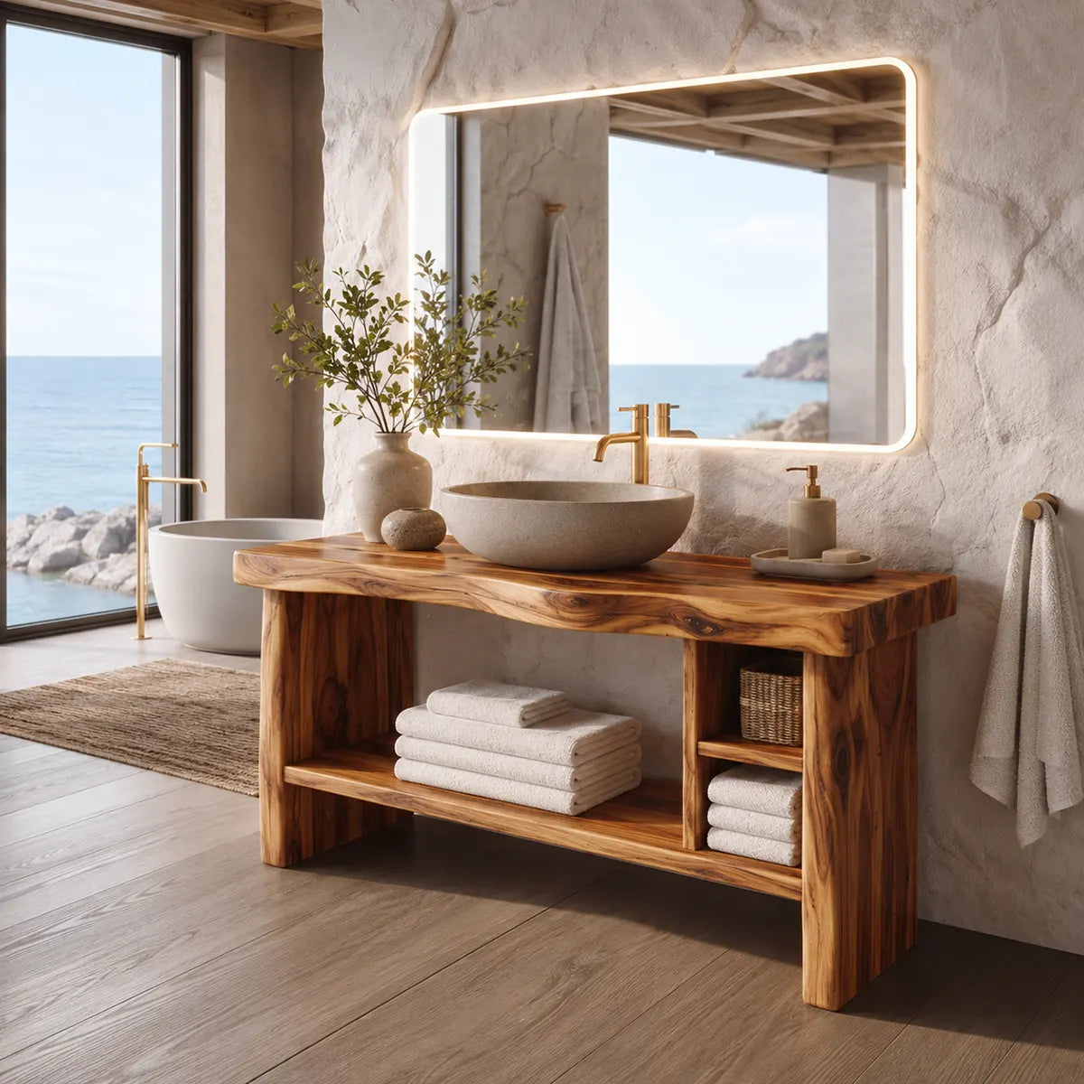 Freestanding Bathroom Vanity with Open Storage Shelves | Organic Modern Design TT006-3HEA8MY
