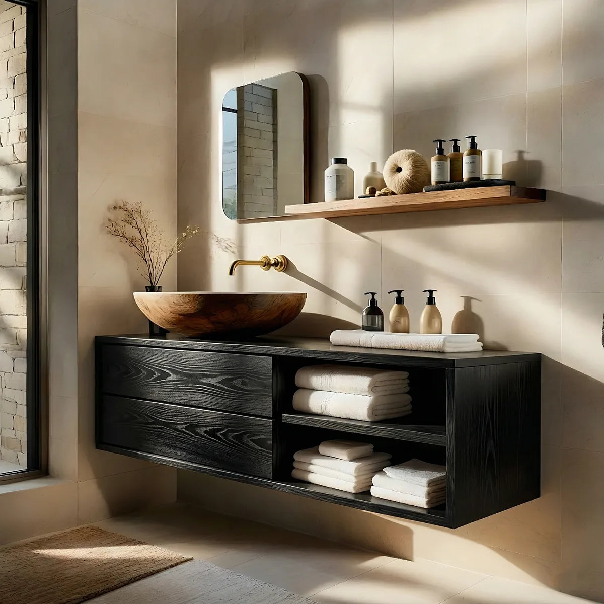 Floating Solid Wood Bathroom Vanity with 2 Drawers and Open Side Shelves