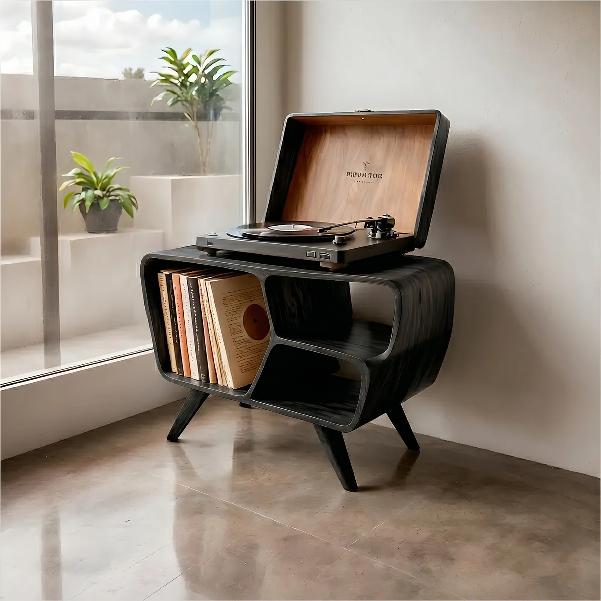 Mid-Century Organic Soft Wave Vinyl Stand, Wooden Record Player Storage