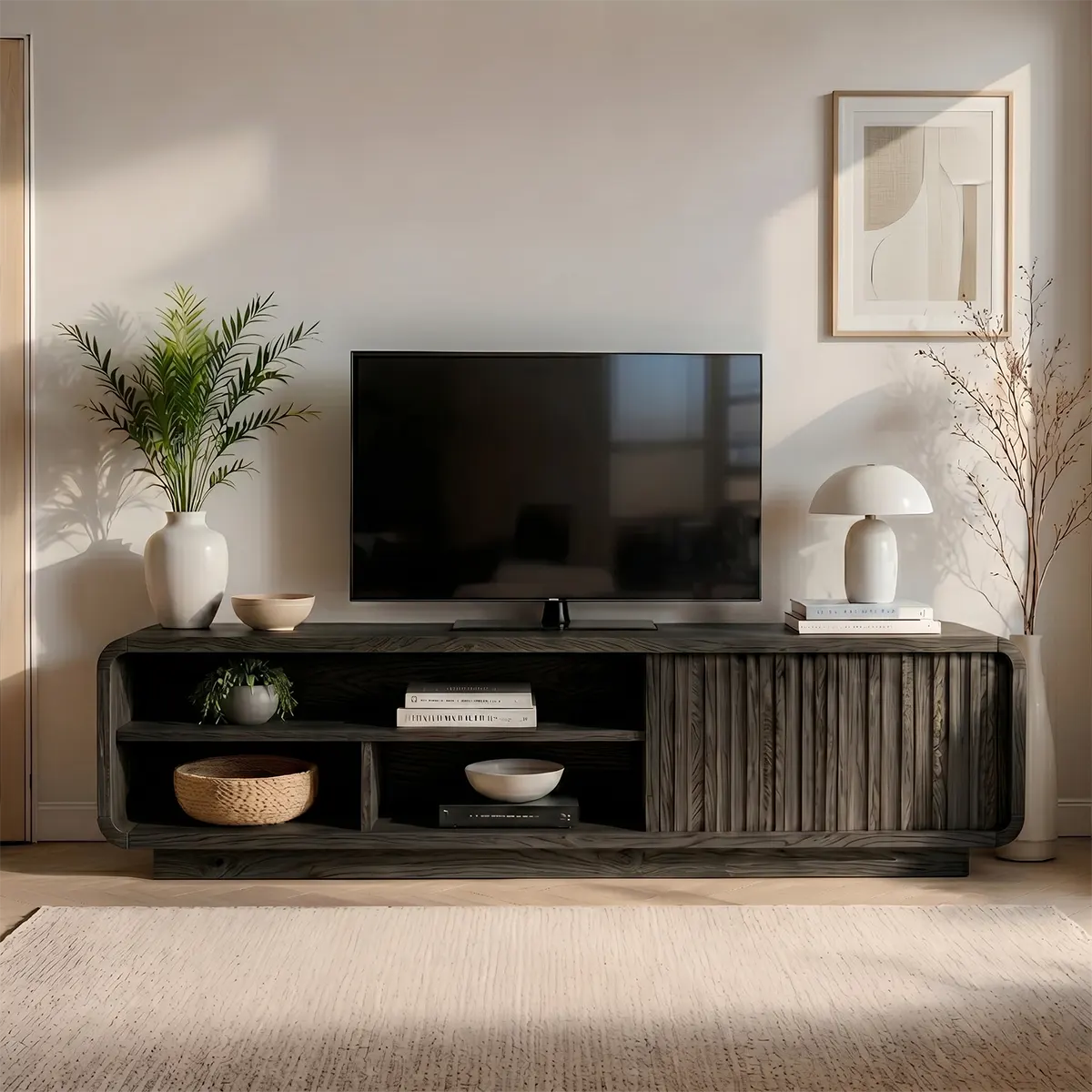 Modern Solid Wood Rounded TV Stand with Slatted Tambour Door