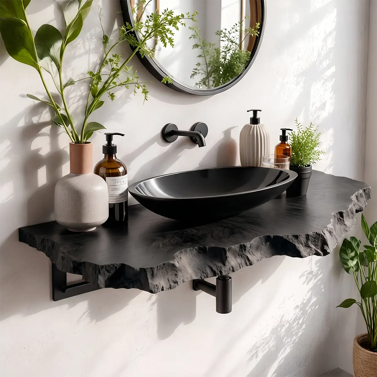 Sculptural Live Edge Floating Bathroom Vanity | Thick Wall Mounted Vanity Countertop TT006-3FHB4VU