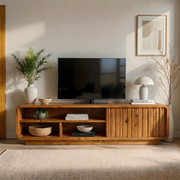 Modern Solid Wood Rounded TV Stand with Slatted Tambour Door