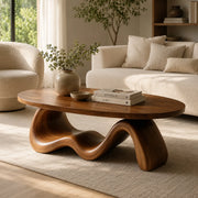 Handcrafted Solid Wood Oval Coffee Table with Sculptural Wave Base TT006-2220
