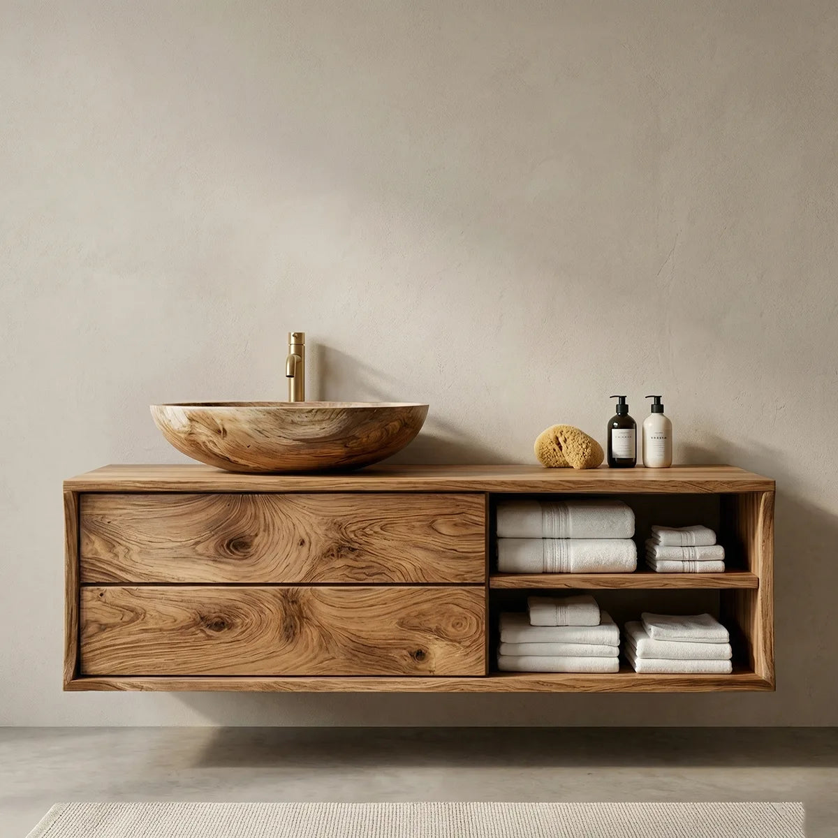 Floating Solid Wood Bathroom Vanity with 2 Drawers and Open Side Shelves