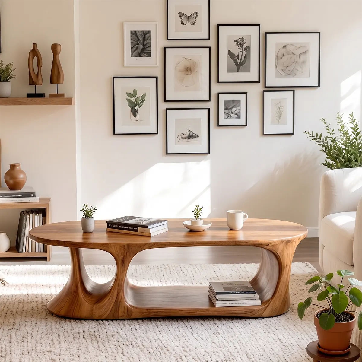Oval Coffee Table with Storage Shelf | Handcrafted Solid Wood Coffee Table TT006-8470