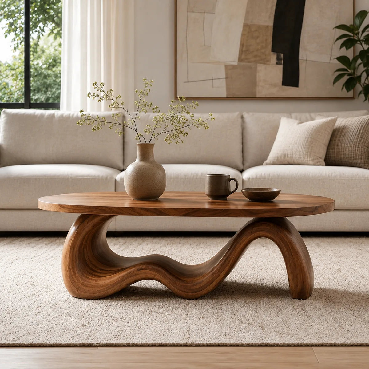 Handcrafted Solid Wood Oval Coffee Table with Sculptural Wave Base TT006-2220