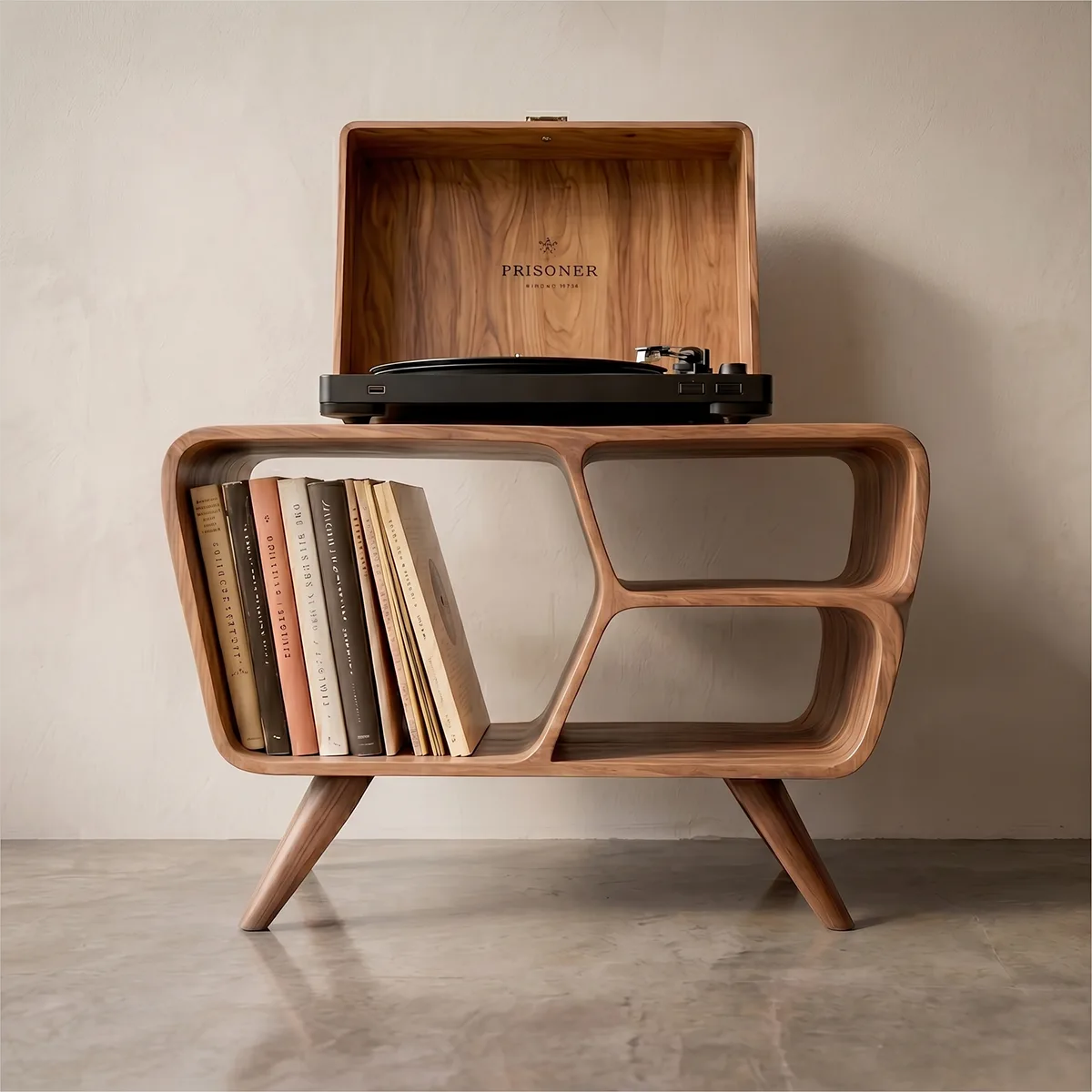 Mid-Century Organic Soft Wave Vinyl Stand, Wooden Record Player Storage