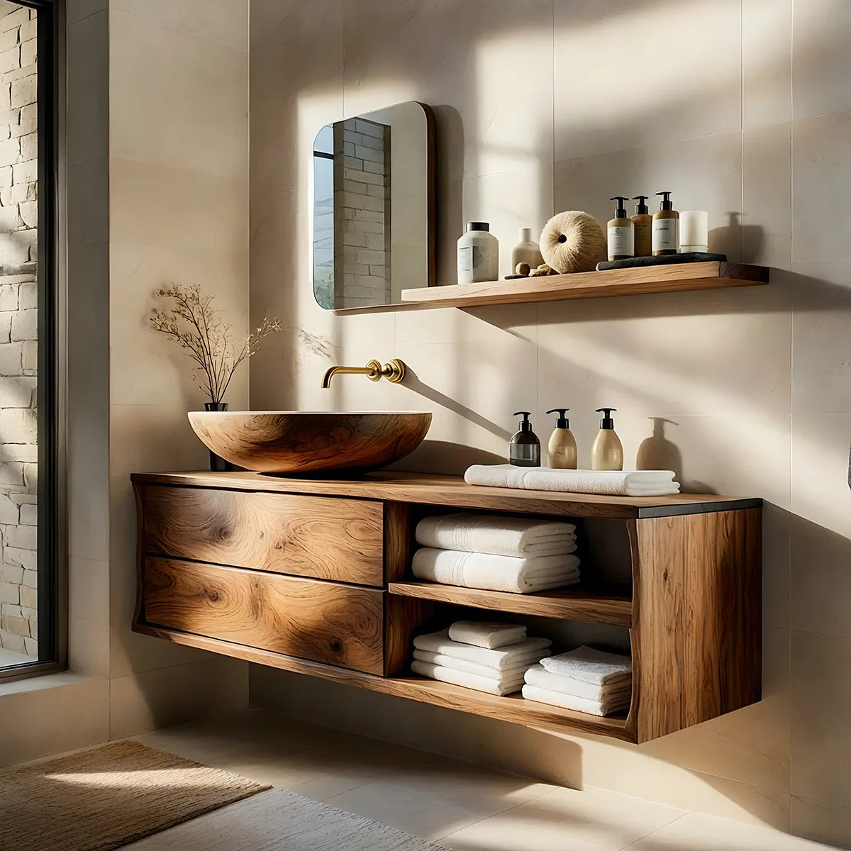 Floating Solid Wood Bathroom Vanity with 2 Drawers and Open Side Shelves