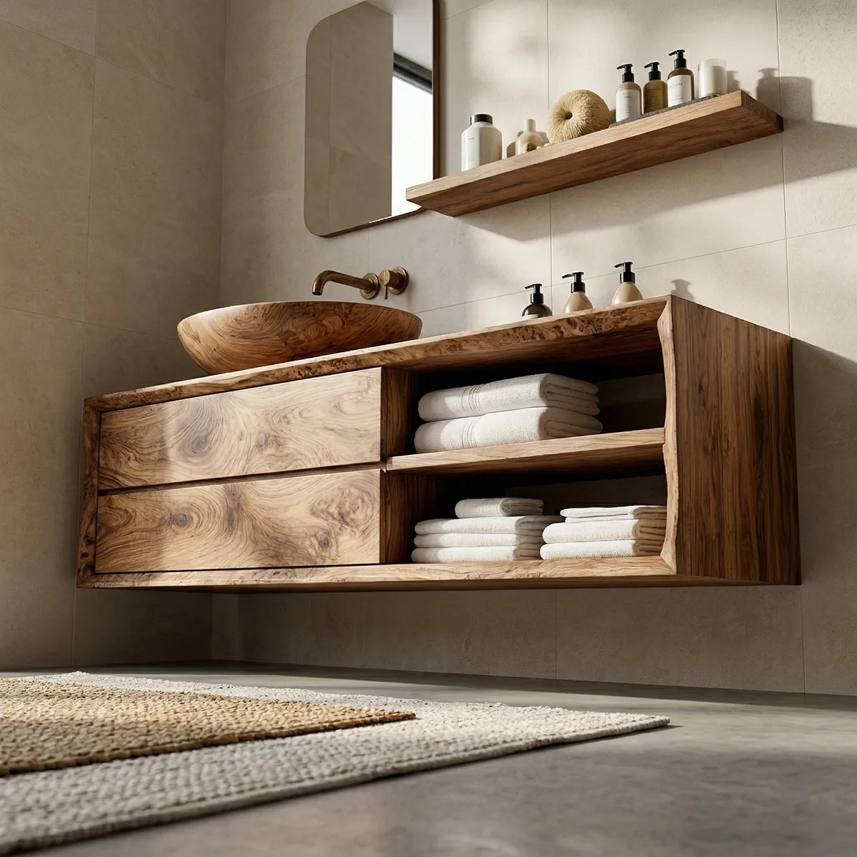 Floating Solid Wood Bathroom Vanity with 2 Drawers and Open Side Shelves