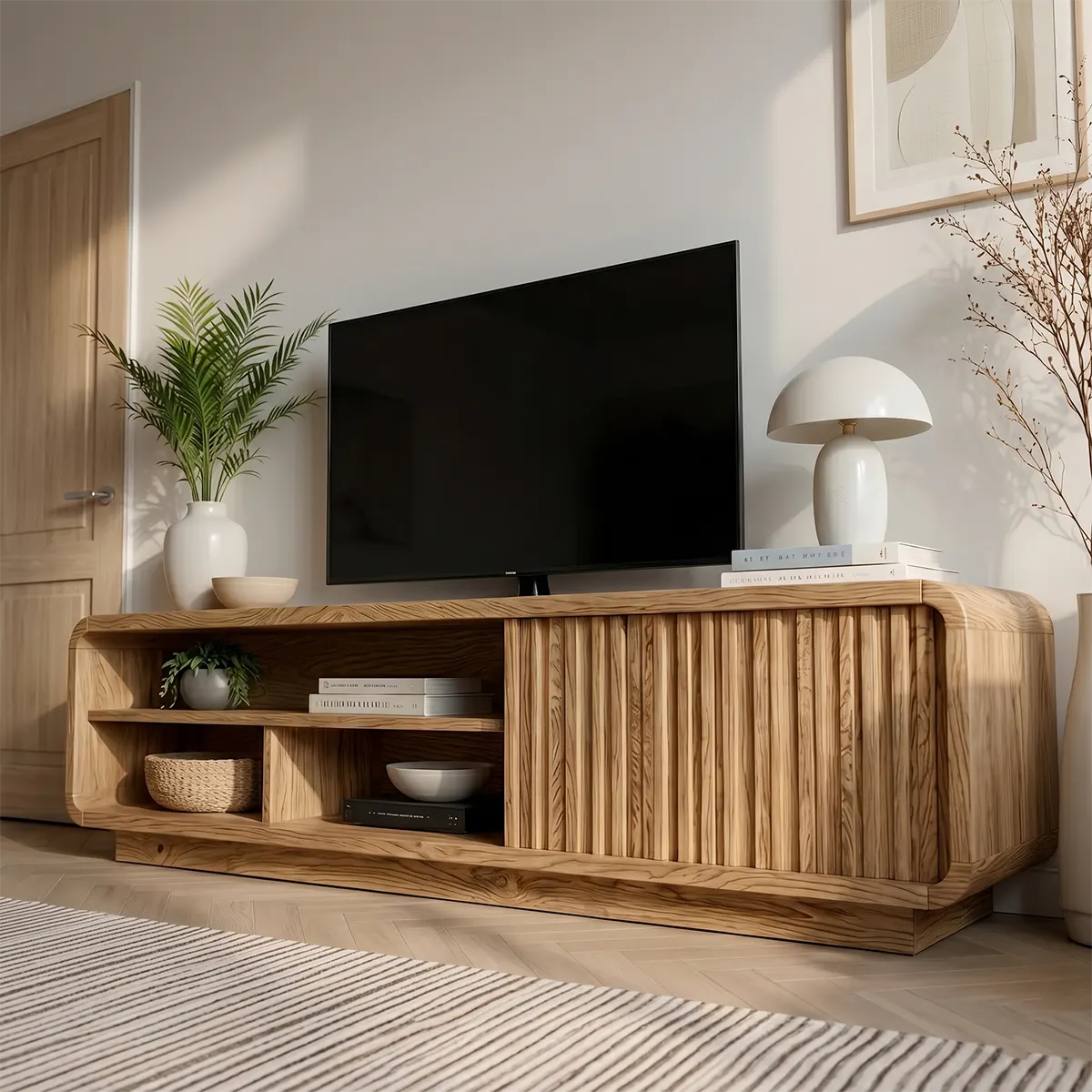 Modern Solid Wood Rounded TV Stand with Slatted Tambour Door