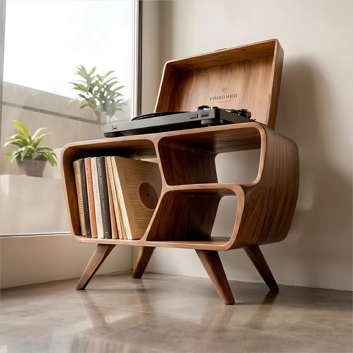 Mid-Century Organic Soft Wave Vinyl Stand, Wooden Record Player Storage