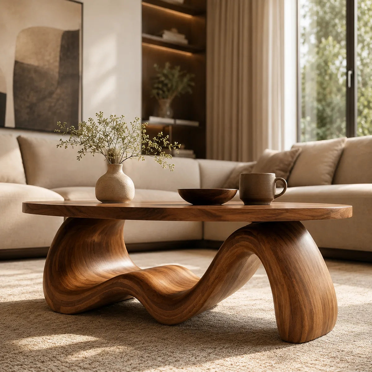 Handcrafted Solid Wood Oval Coffee Table with Sculptural Wave Base TT006-2220