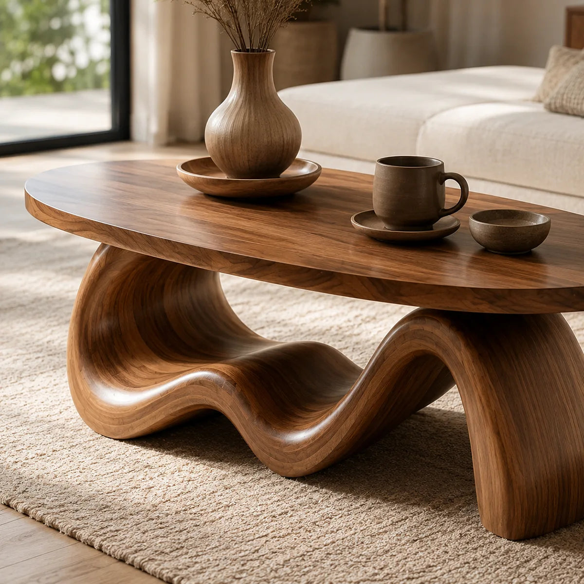 Handcrafted Solid Wood Oval Coffee Table with Sculptural Wave Base TT006-2220