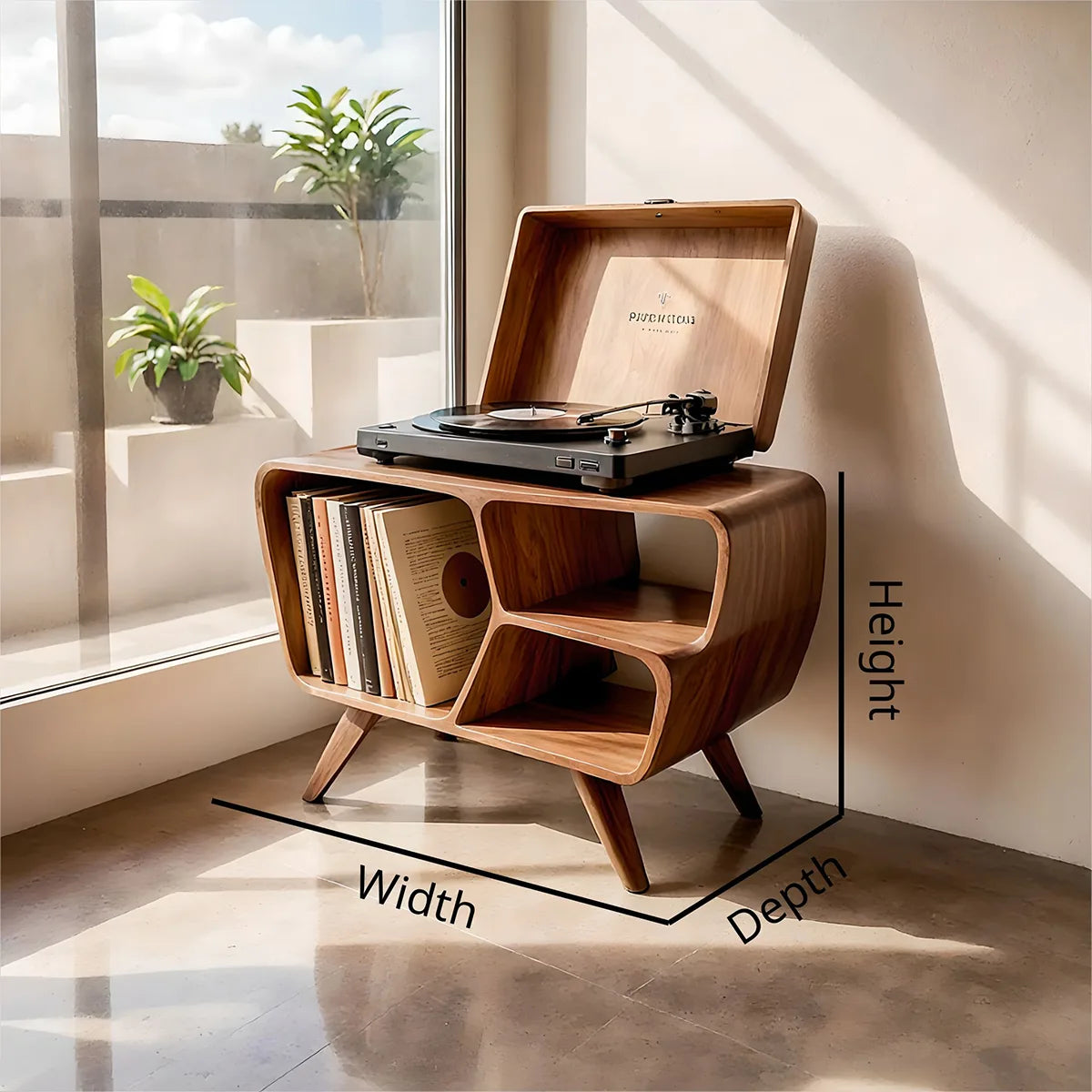 Mid-Century Organic Soft Wave Vinyl Stand, Wooden Record Player Storage