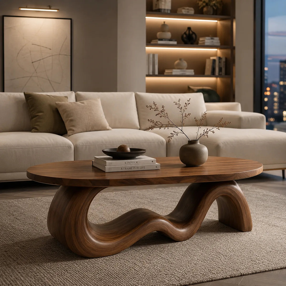 Handcrafted Solid Wood Oval Coffee Table with Sculptural Wave Base TT006-2220