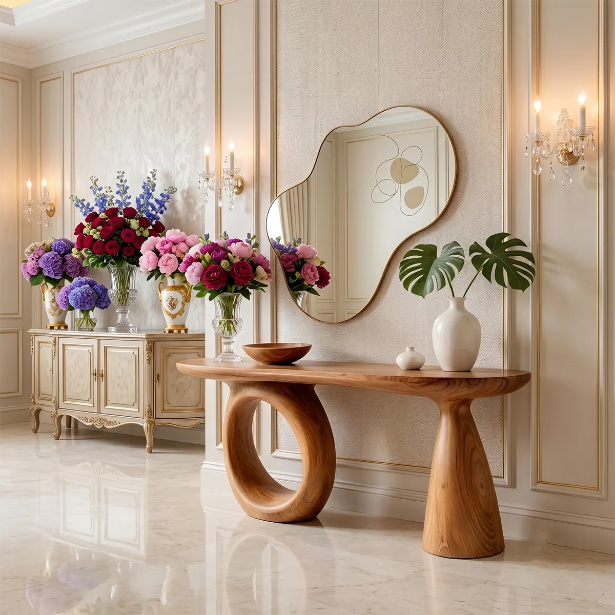 Modern Sculptural Console Table | Solid Wood Entryway Hallway Accent Table with Artistic Base TT006-8926