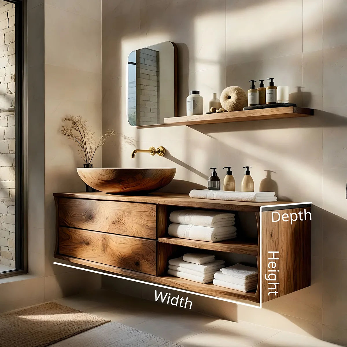 Floating Solid Wood Bathroom Vanity with 2 Drawers and Open Side Shelves