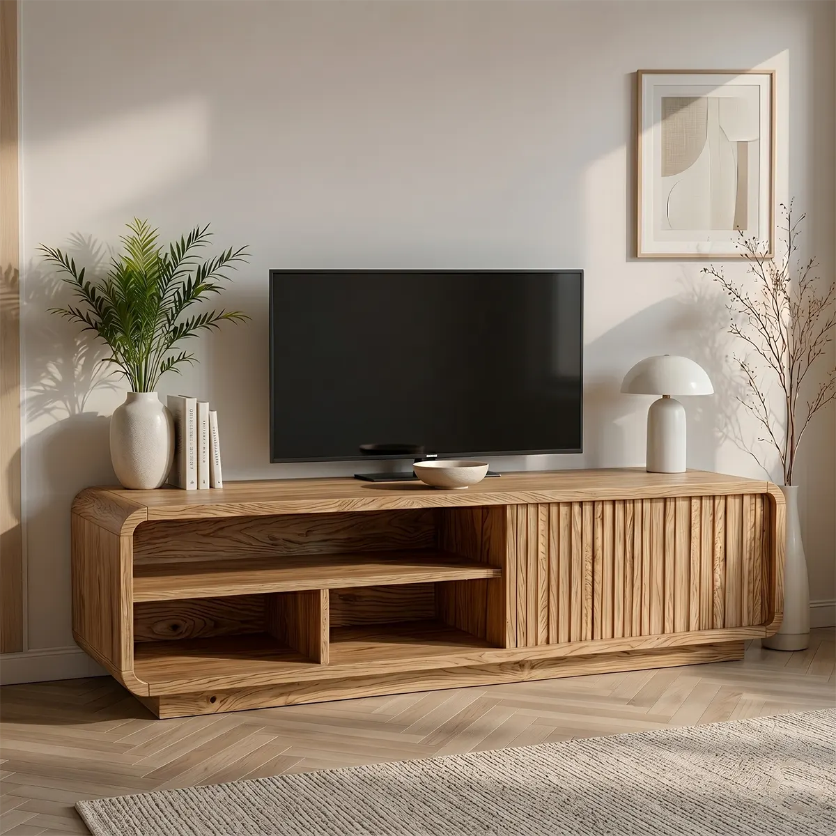 Modern Solid Wood Rounded TV Stand with Slatted Tambour Door
