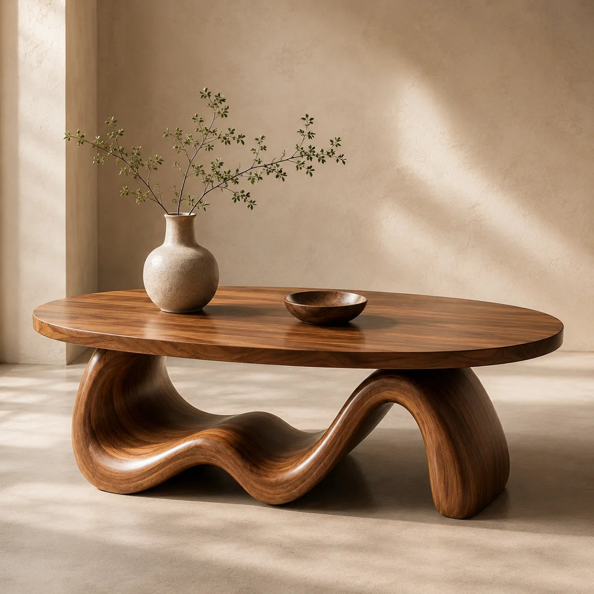 Handcrafted Solid Wood Oval Coffee Table with Sculptural Wave Base TT006-2220