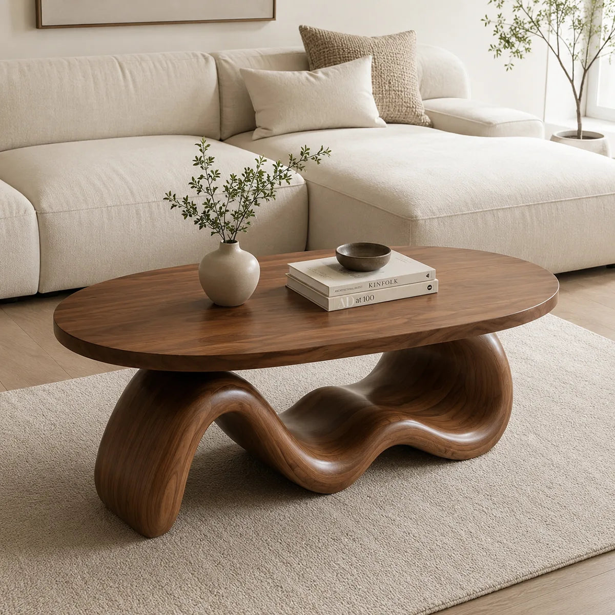 Handcrafted Solid Wood Oval Coffee Table with Sculptural Wave Base TT006-2220