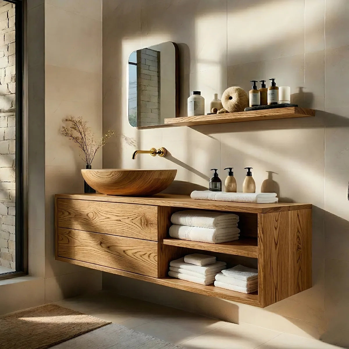 Floating Solid Wood Bathroom Vanity with 2 Drawers and Open Side Shelves