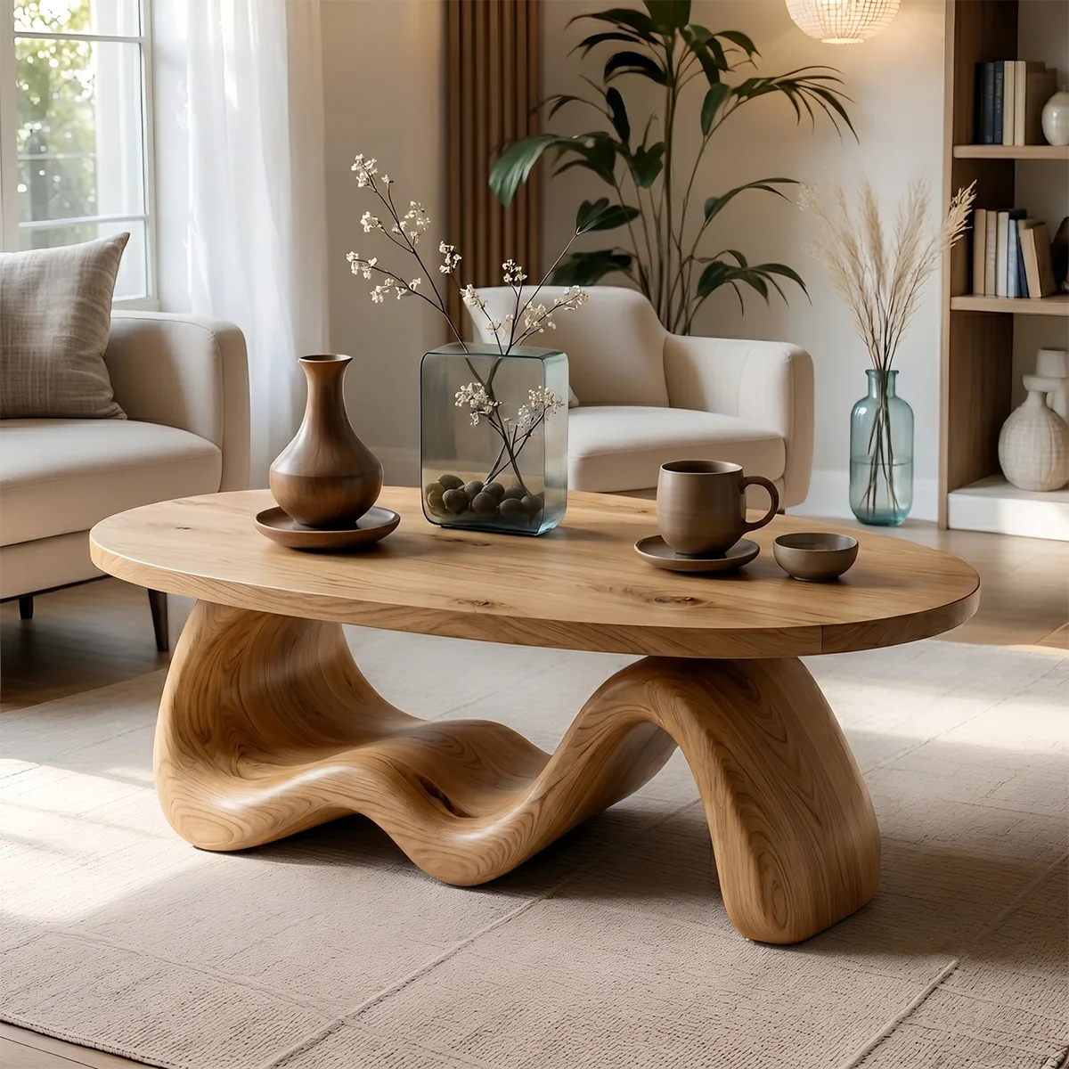 Handcrafted Solid Wood Oval Coffee Table with Sculptural Wave Base TT006-2220