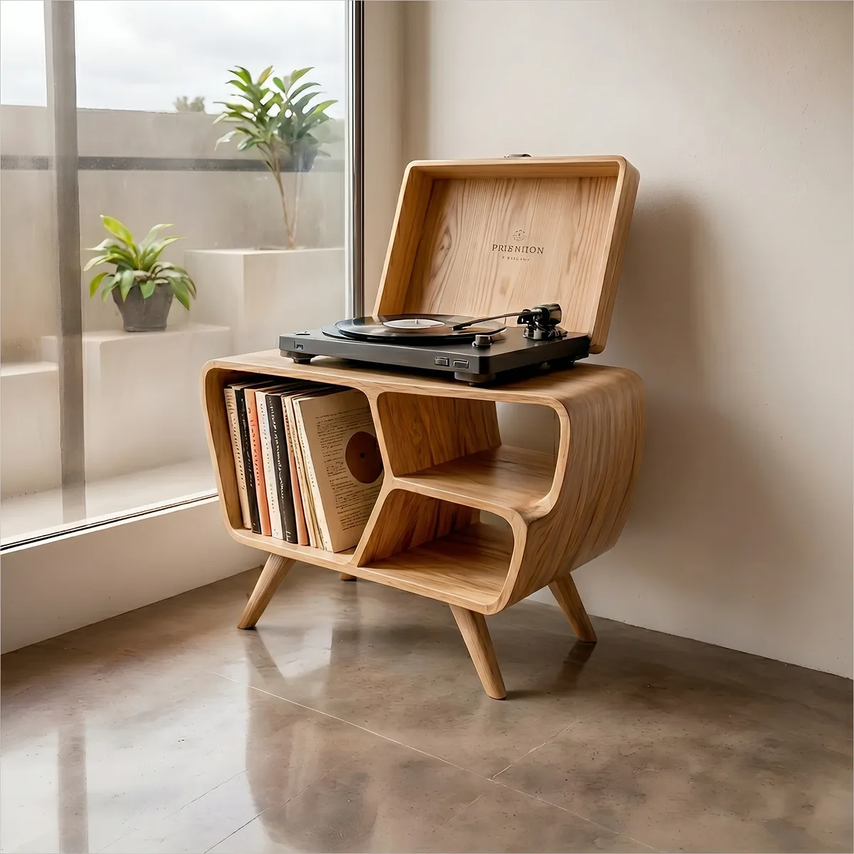 Mid-Century Organic Soft Wave Vinyl Stand, Wooden Record Player Storage