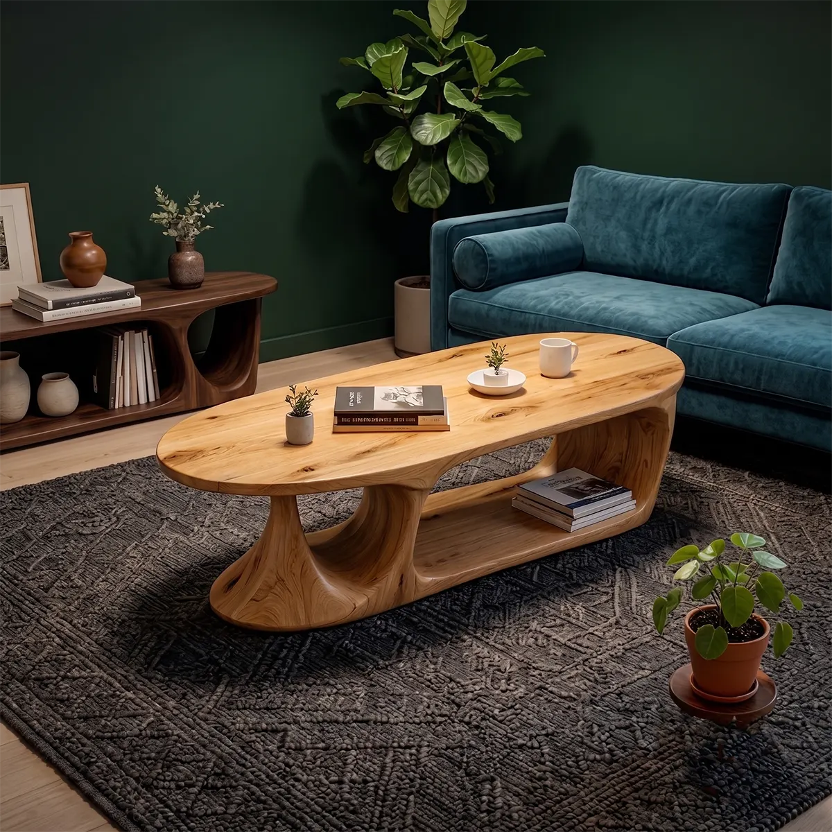 Oval Coffee Table with Storage Shelf | Handcrafted Solid Wood Coffee Table TT006-8470