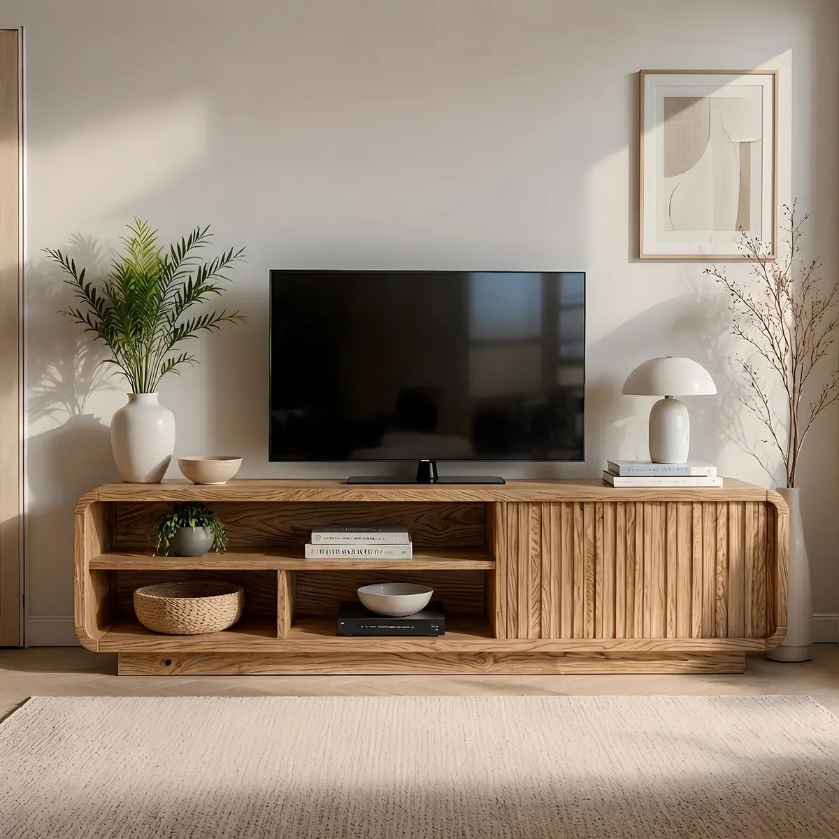 Modern Solid Wood Rounded TV Stand with Slatted Tambour Door