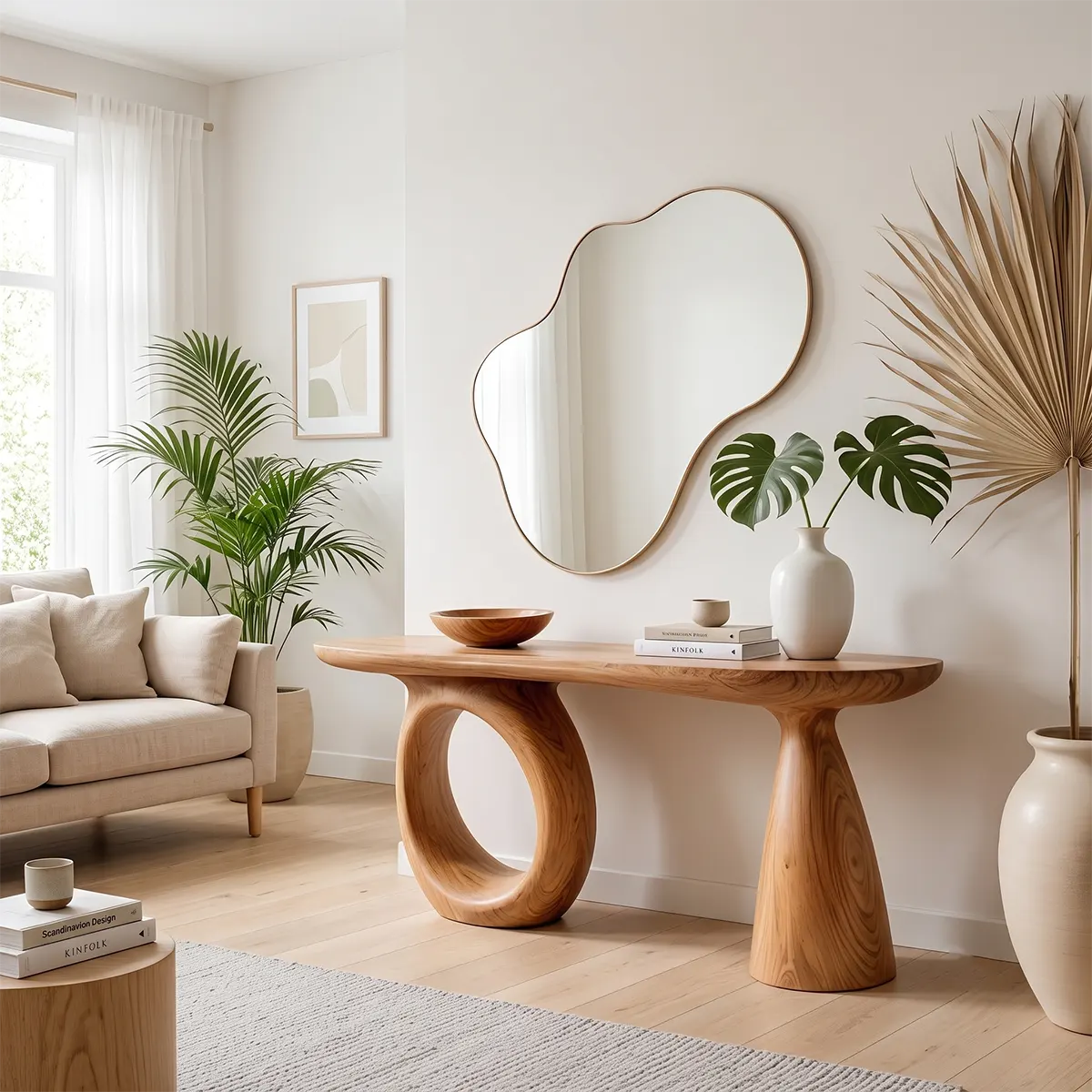 Modern Sculptural Console Table | Solid Wood Entryway Hallway Accent Table with Artistic Base TT006-8926