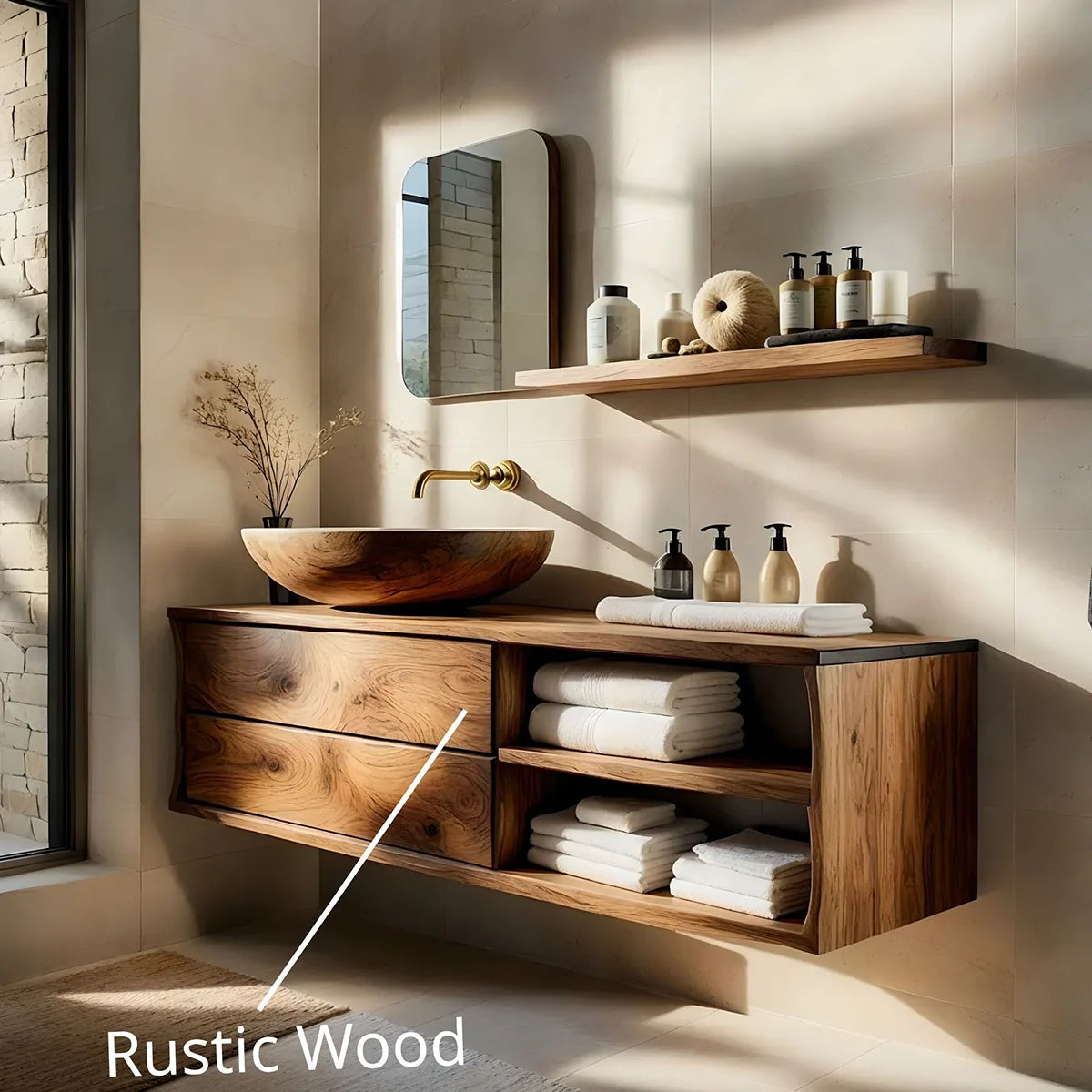 Floating Solid Wood Bathroom Vanity with 2 Drawers and Open Side Shelves