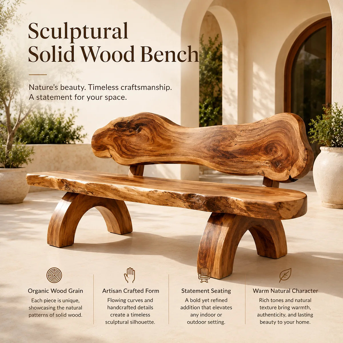 Live Edge Solid Wood Bench | Handcrafted Organic Wooden Garden & Entryway Bench TT006-4574