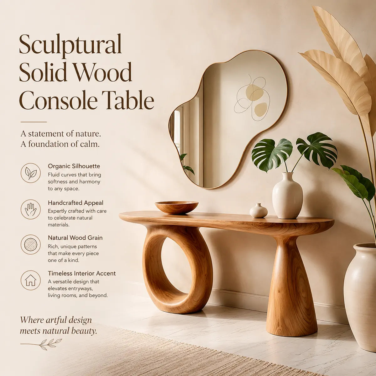 Modern Sculptural Console Table | Solid Wood Entryway Hallway Accent Table with Artistic Base TT006-8926