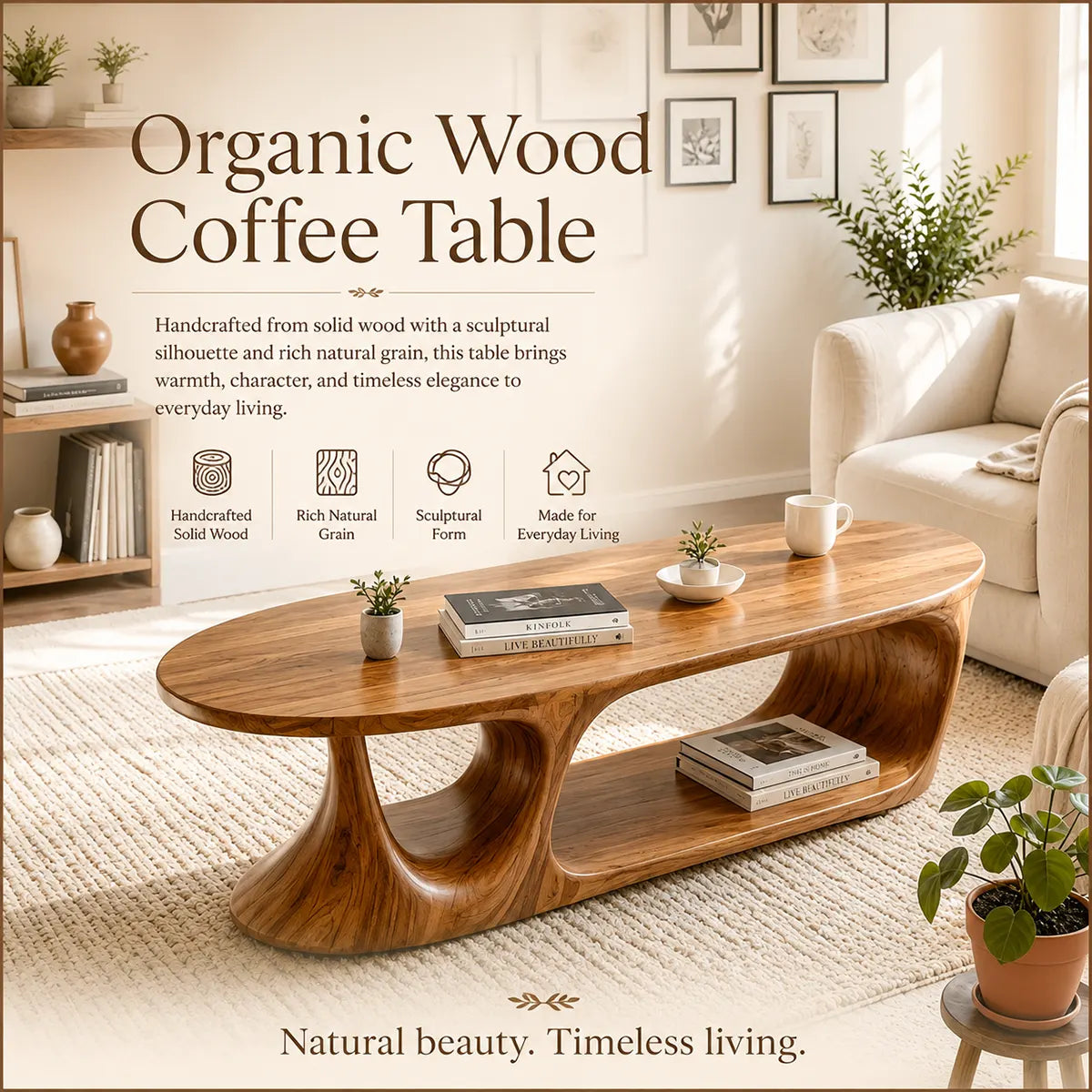 Oval Coffee Table with Storage Shelf | Handcrafted Solid Wood Coffee Table TT006-8470