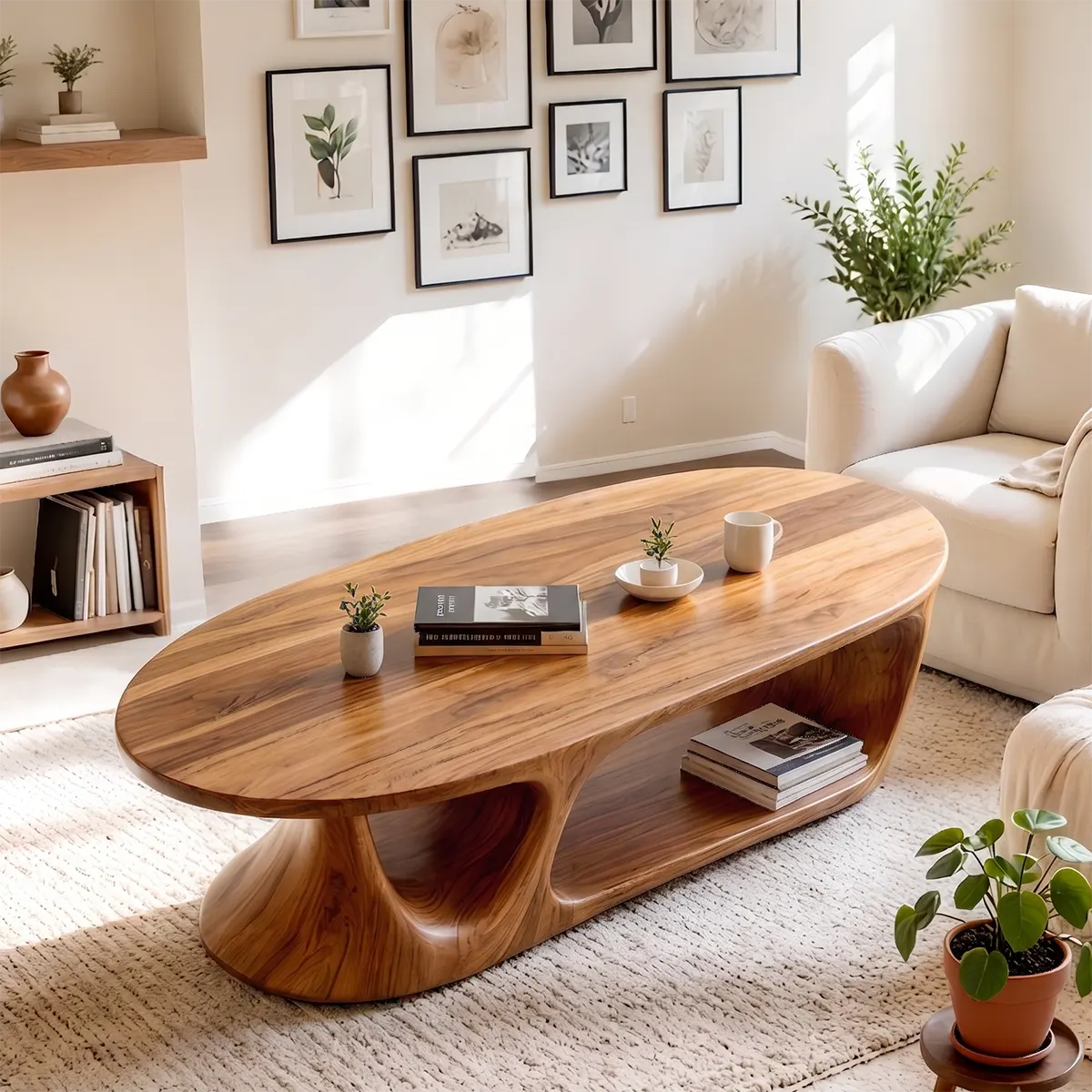 Oval Coffee Table with Storage Shelf | Handcrafted Solid Wood Coffee Table TT006-8470