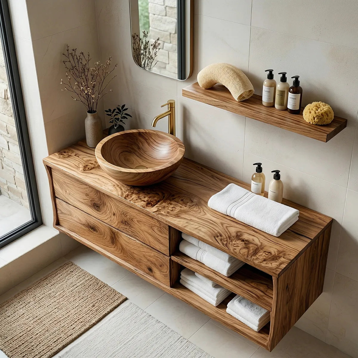 Floating Solid Wood Bathroom Vanity with 2 Drawers and Open Side Shelves