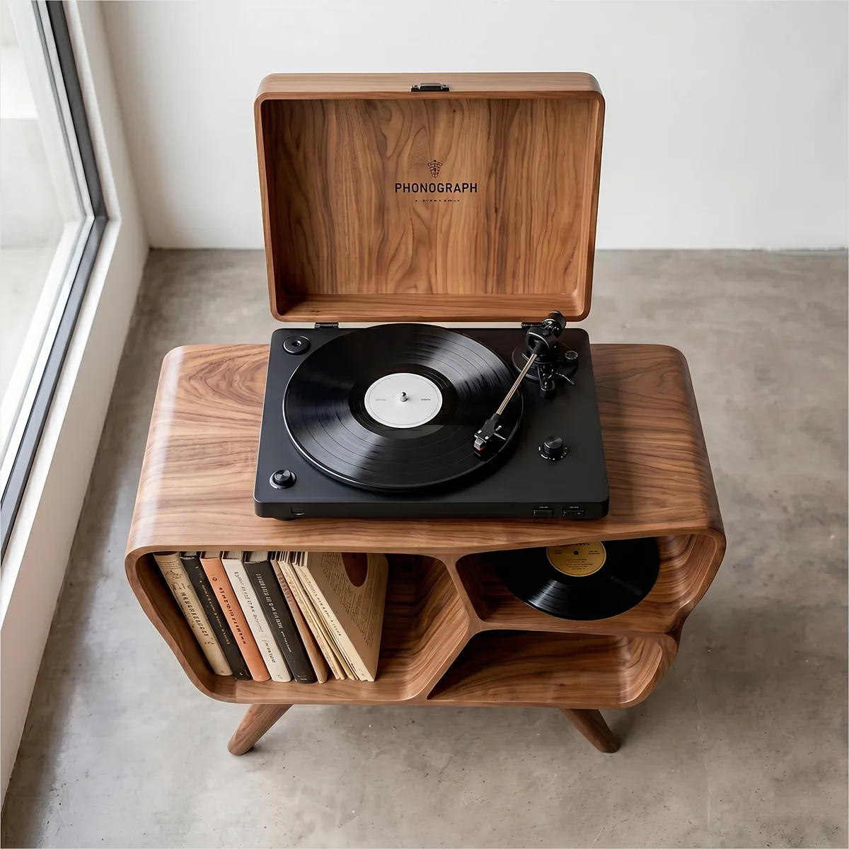 Mid-Century Organic Soft Wave Vinyl Stand, Wooden Record Player Storage