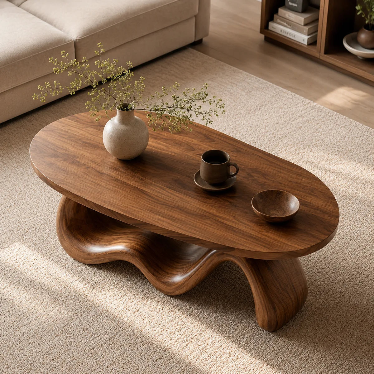 Handcrafted Solid Wood Oval Coffee Table with Sculptural Wave Base TT006-2220