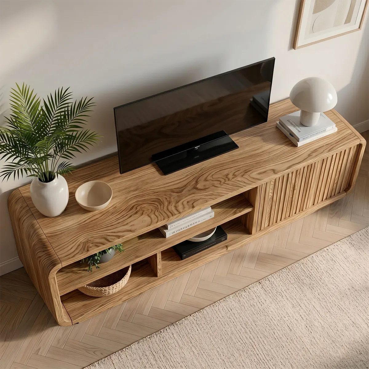 Modern Solid Wood Rounded TV Stand with Slatted Tambour Door