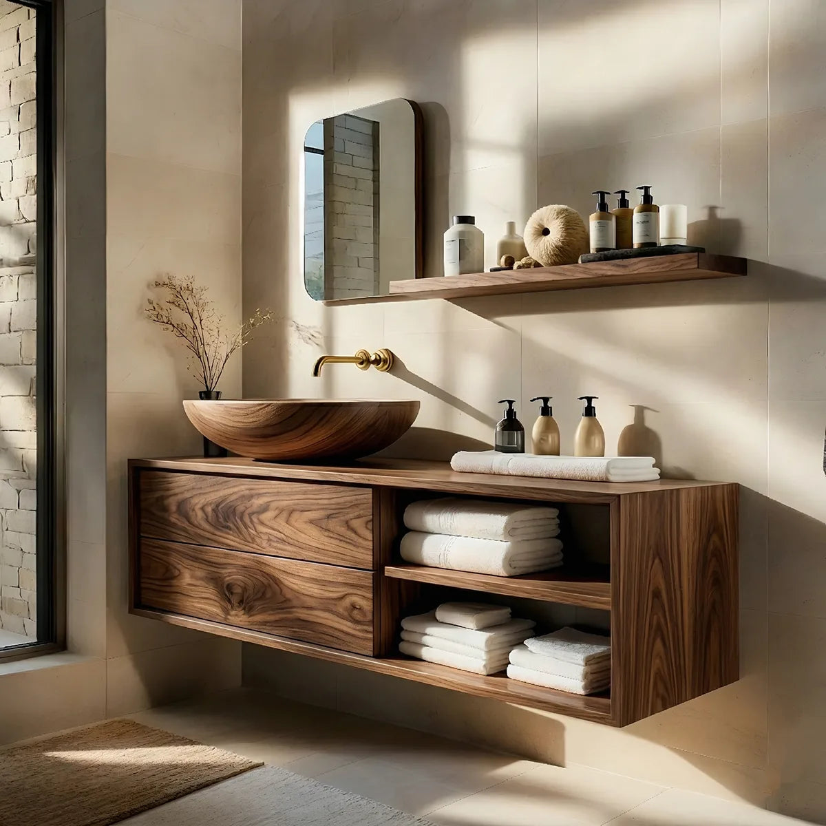 Floating Solid Wood Bathroom Vanity with 2 Drawers and Open Side Shelves