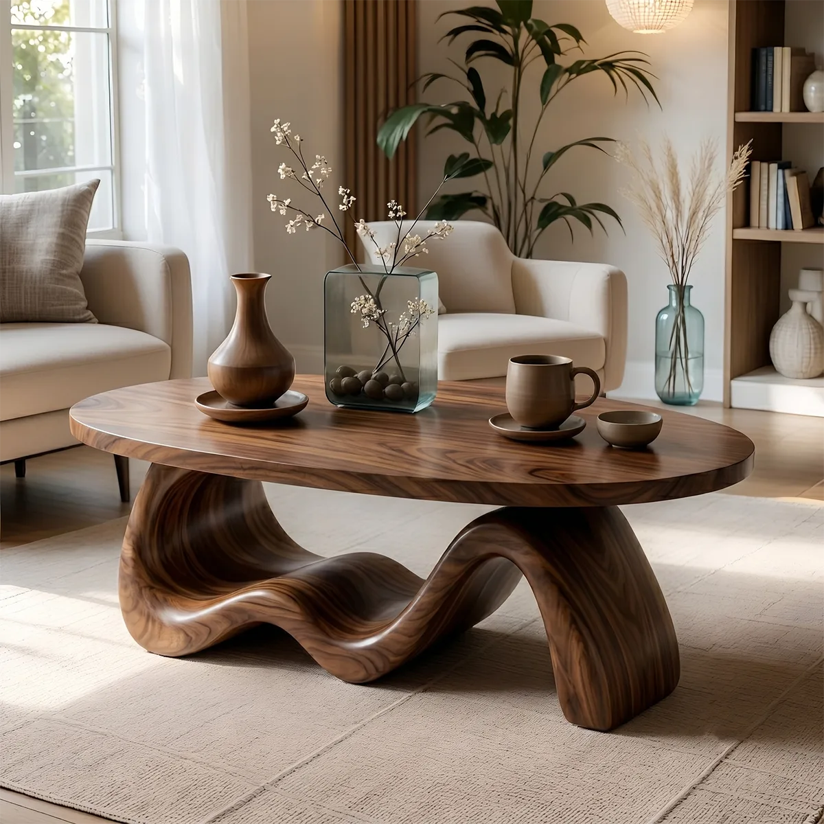 Handcrafted Solid Wood Oval Coffee Table with Sculptural Wave Base TT006-2220