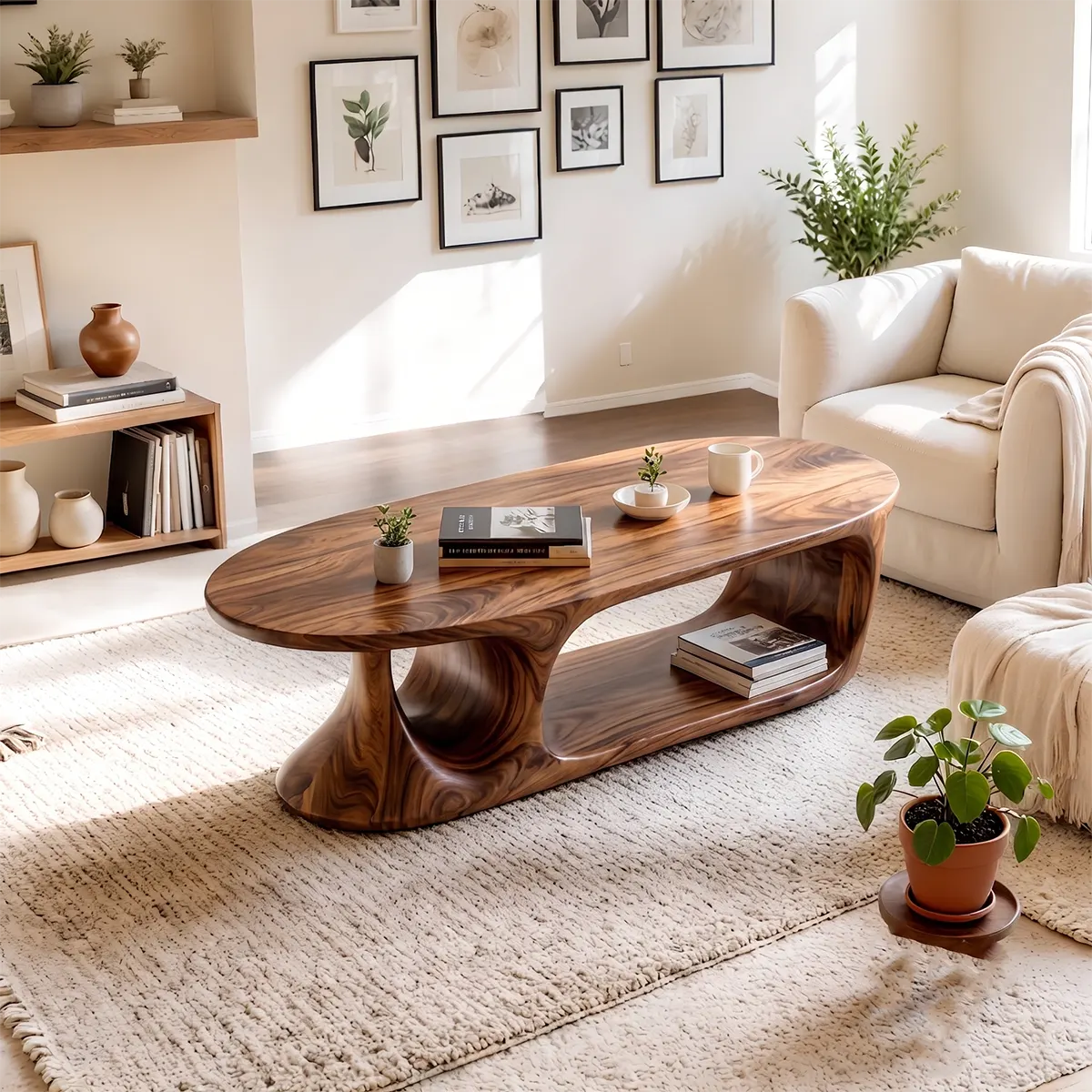 Oval Coffee Table with Storage Shelf | Handcrafted Solid Wood Coffee Table TT006-8470