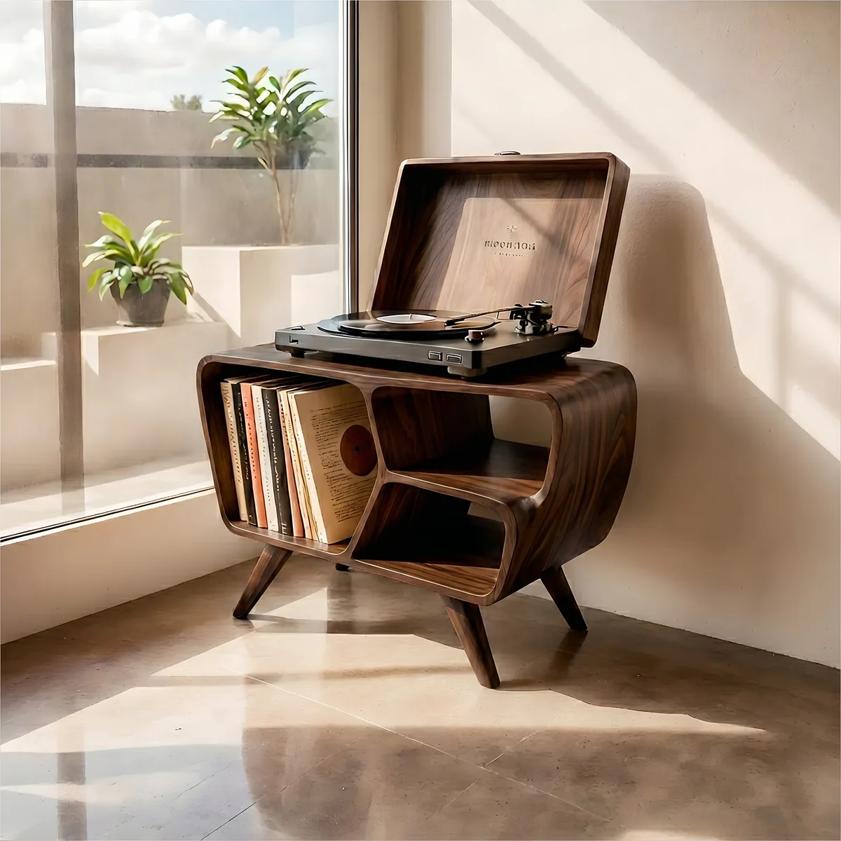 Mid-Century Organic Soft Wave Vinyl Stand, Wooden Record Player Storage