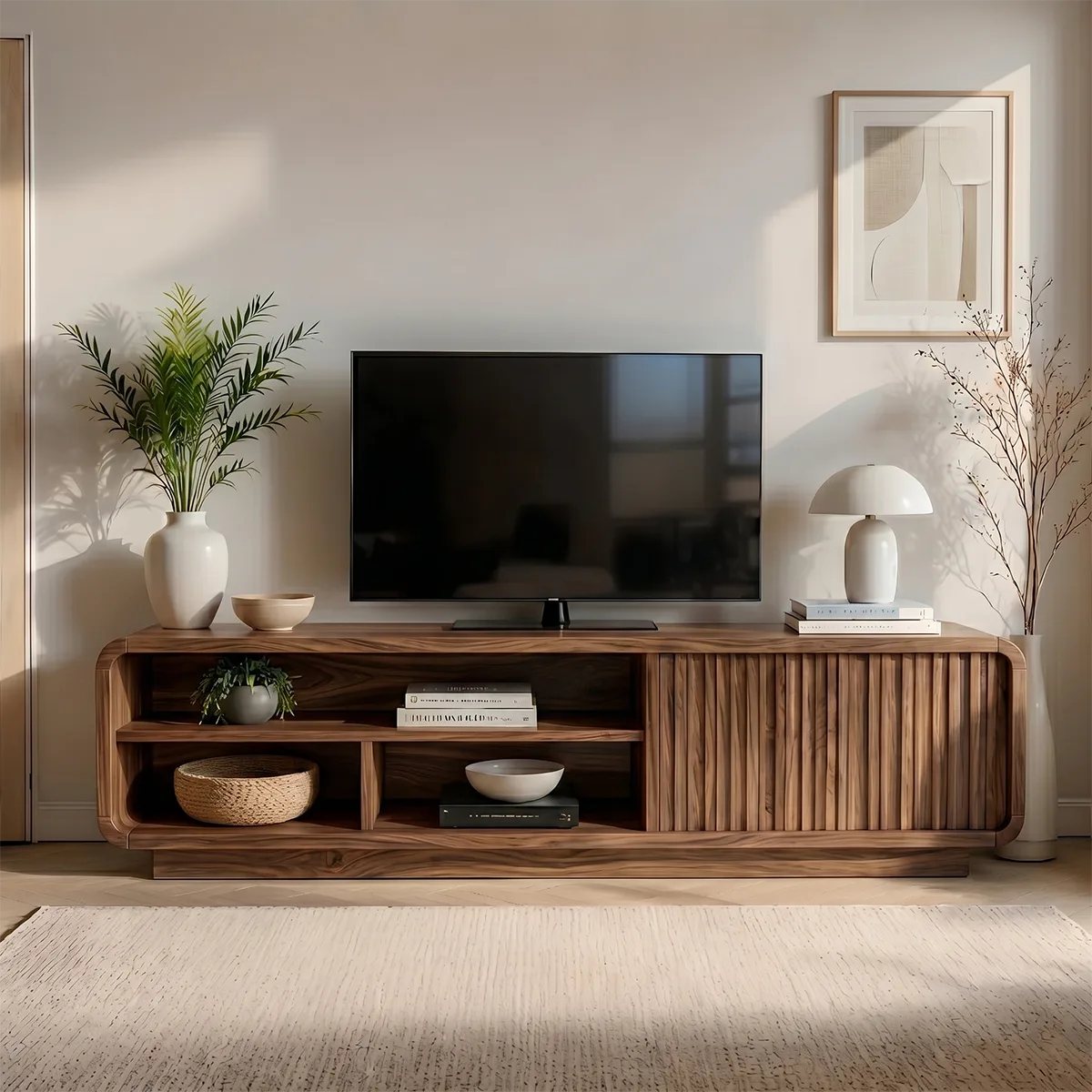 Modern Solid Wood Rounded TV Stand with Slatted Tambour Door