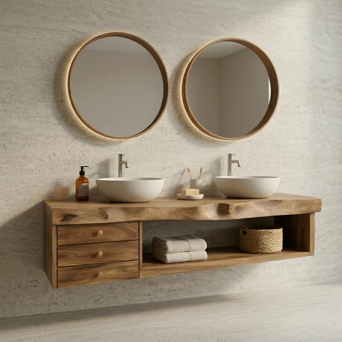 Floating Solid Wood Double Sink Bathroom Vanity with 3 Drawers and Open Shelf