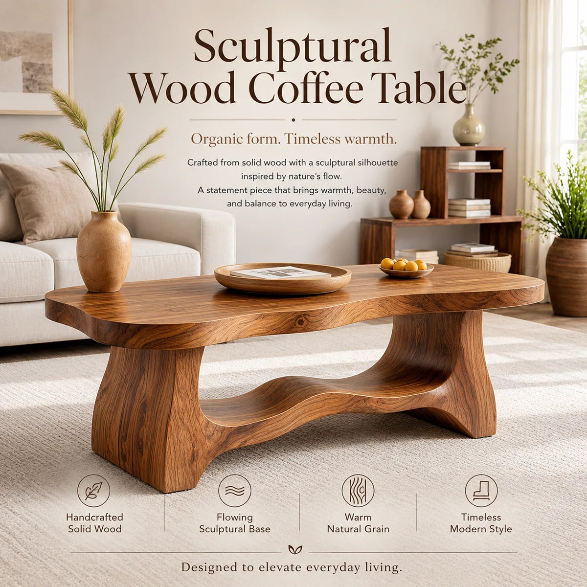 Handcrafted Solid Wood Coffee Table with Sculptural Open Shelf TT006-4759