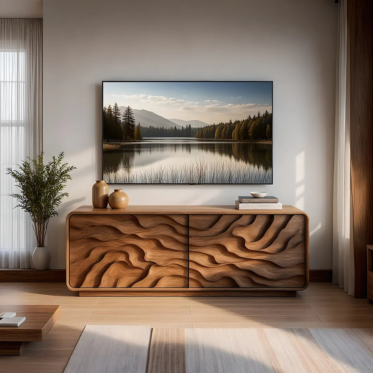 Modern Solid Wood Rounded TV Stand with Deep Wavy Sculptural Facade