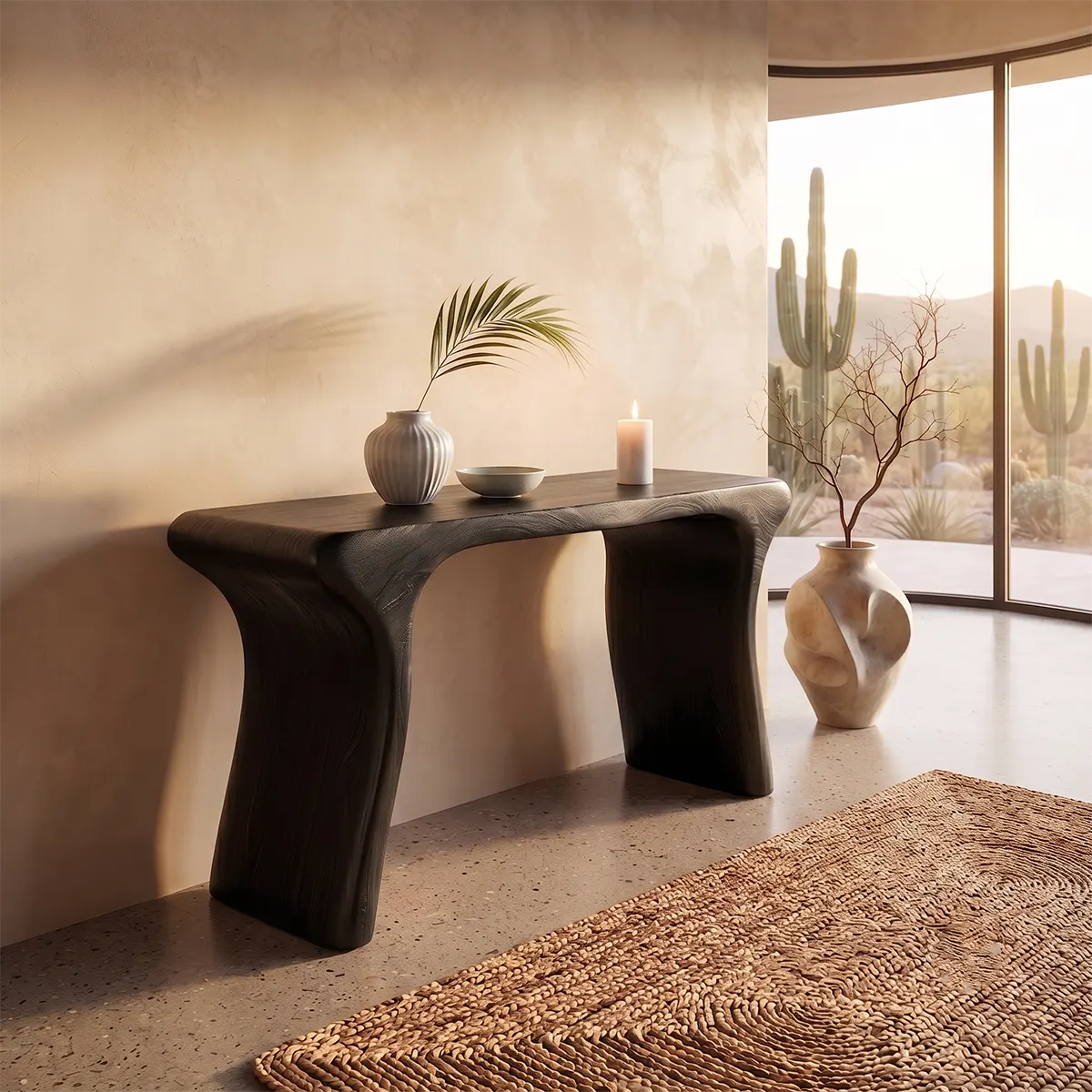 Modern Organic Console Table | Solid Wood Entryway Hallway Accent Table with Curved Waterfall Legs TT006-6928